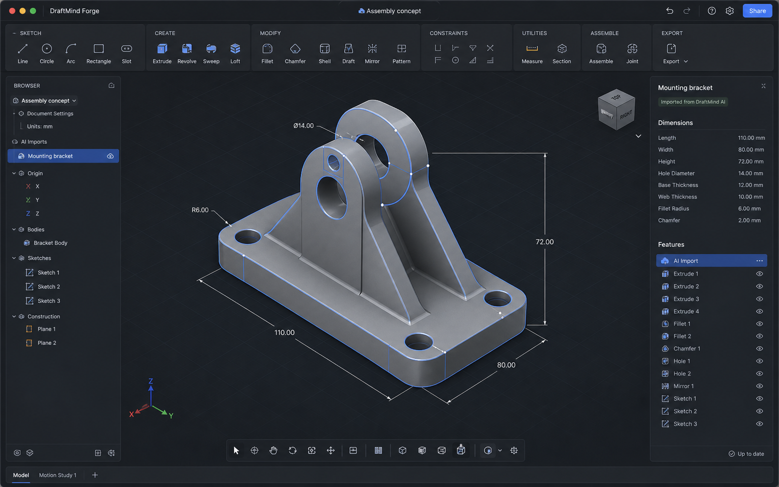 DraftMind Forge industrial CAD workspace editing an AI-generated mounting bracket